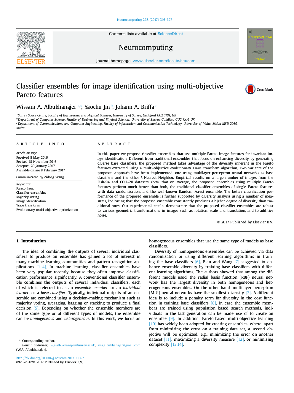 Classifier ensembles for image identification using multi-objective Pareto features