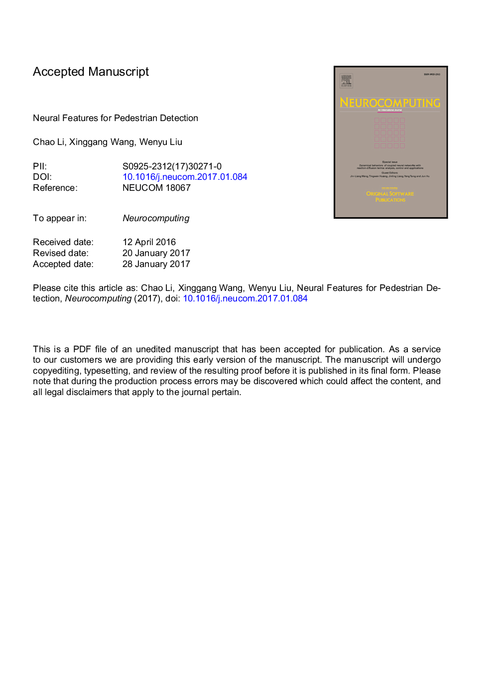 Neural features for pedestrian detection