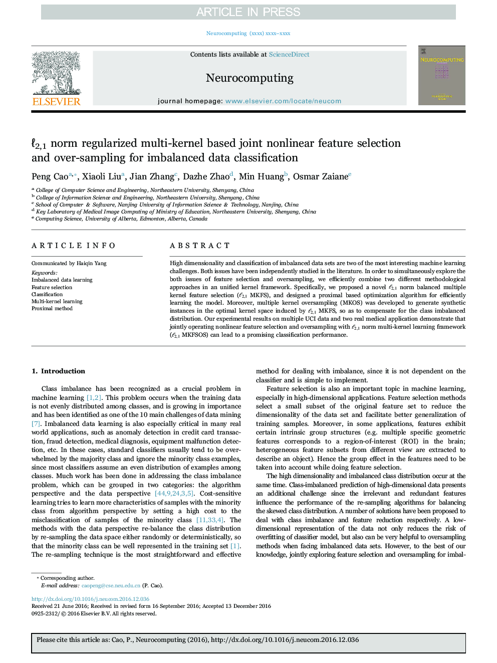 â2,1 norm regularized multi-kernel based joint nonlinear feature selection and over-sampling for imbalanced data classification