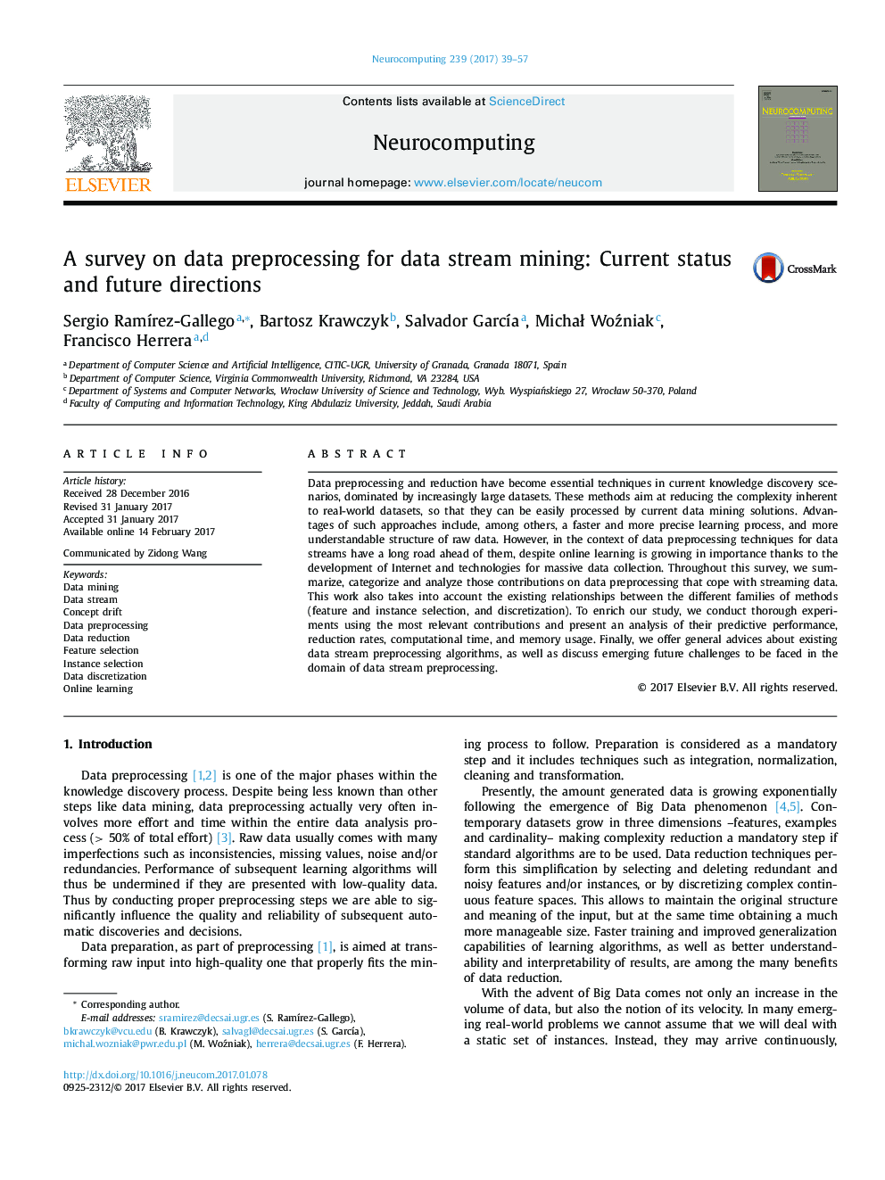A survey on data preprocessing for data stream mining: Current status and future directions