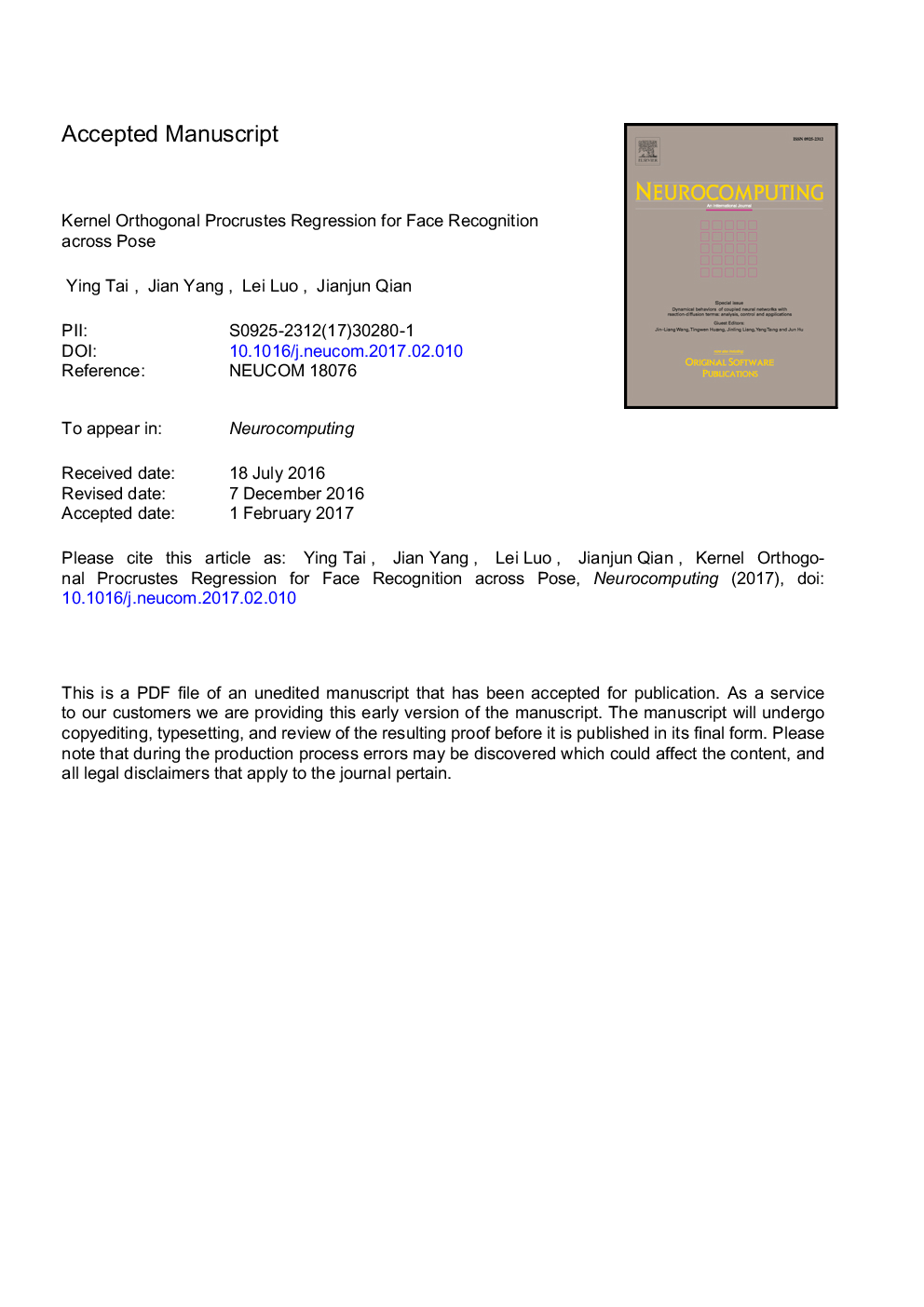 عکس صفحه اول مقاله: Kernel orthogonal Procrustes regression for face recognition across pose Kernel orthogonal Procrustes regression for face recognition across pose