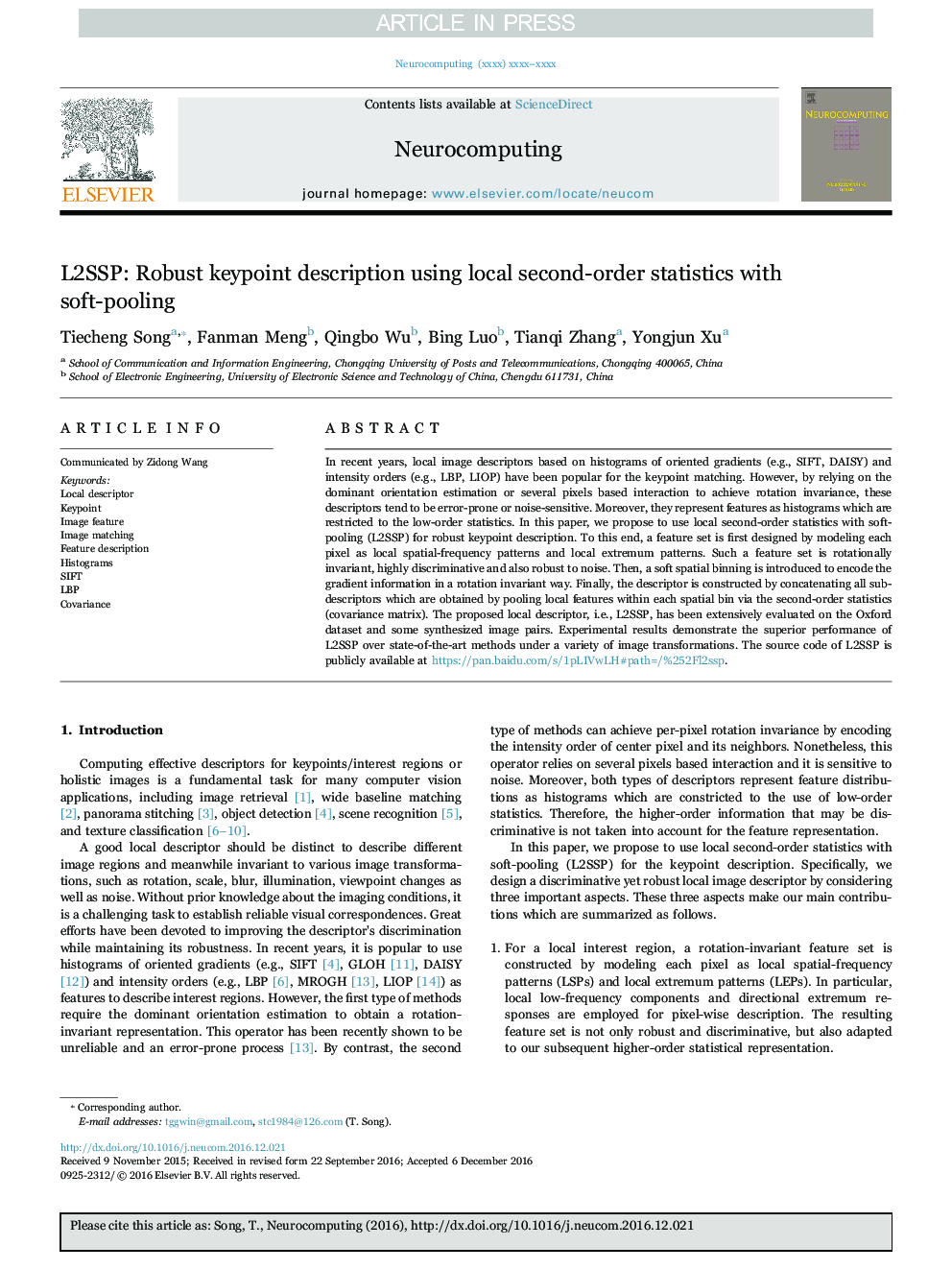 L2SSP: Robust keypoint description using local second-order statistics with soft-pooling