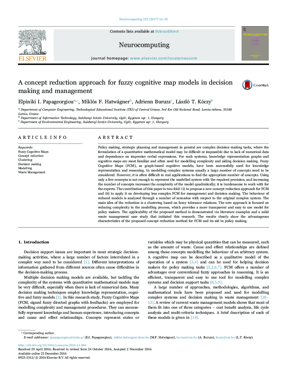 A concept reduction approach for fuzzy cognitive map models in decision making and management