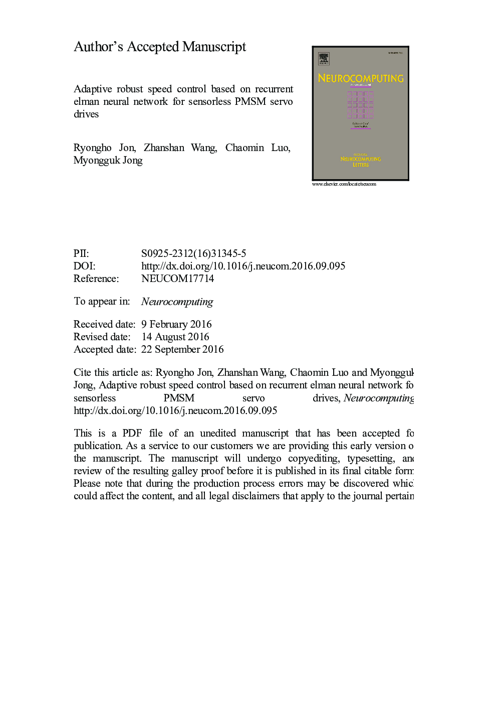 Adaptive robust speed control based on recurrent elman neural network for sensorless PMSM servo drives