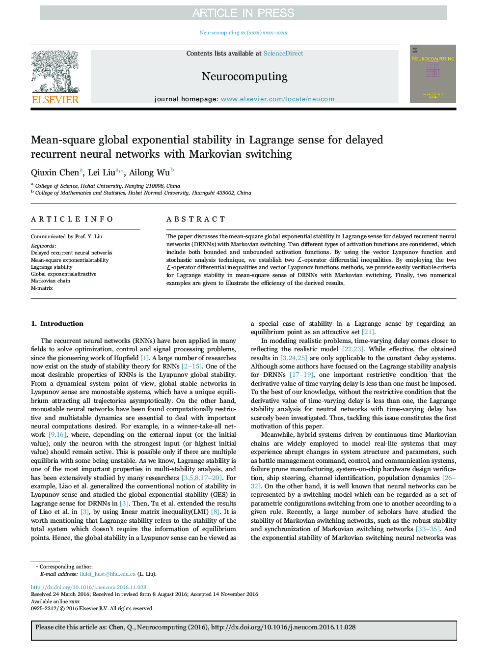 Mean-square global exponential stability in Lagrange sense for delayed recurrent neural networks with Markovian switching