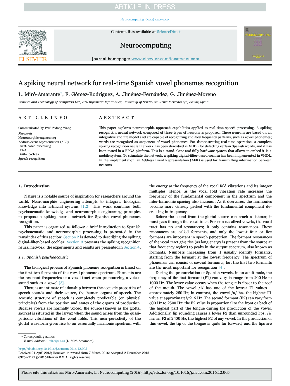 A spiking neural network for real-time Spanish vowel phonemes recognition