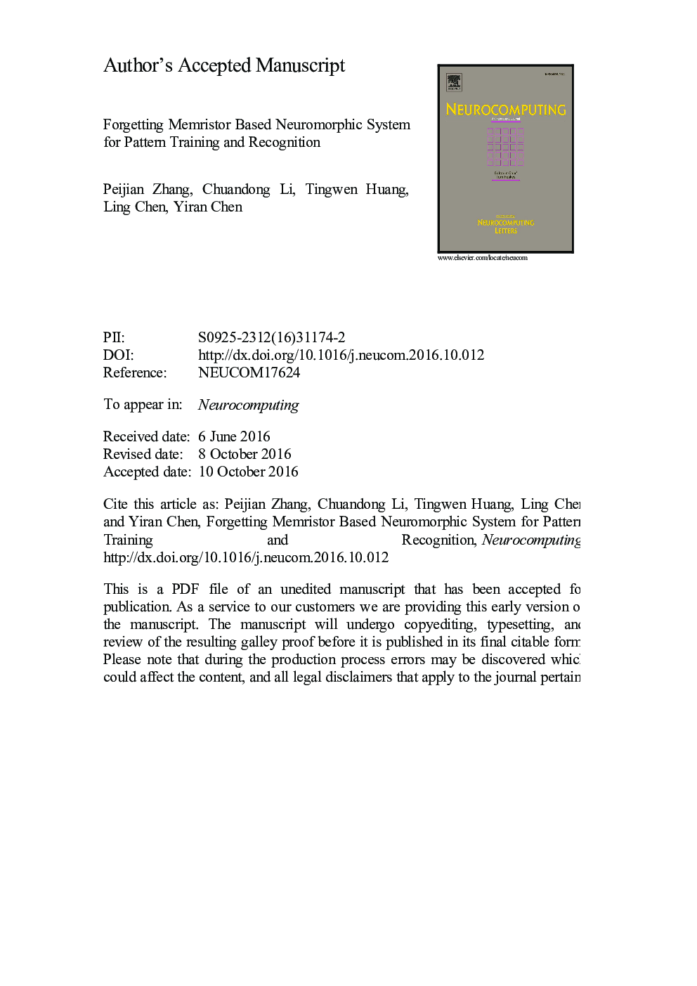 Forgetting memristor based neuromorphic system for pattern training and recognition