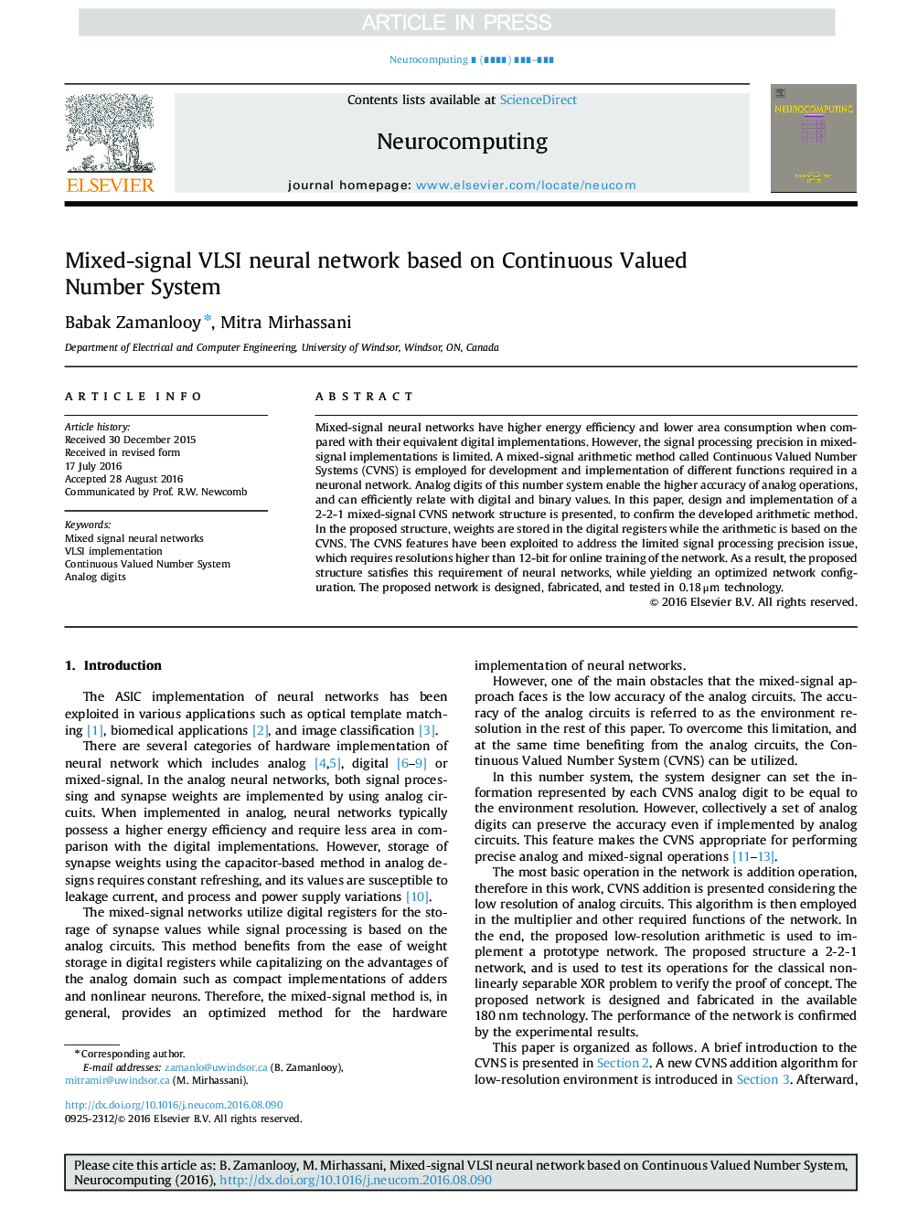 Mixed-signal VLSI neural network based on Continuous Valued Number System