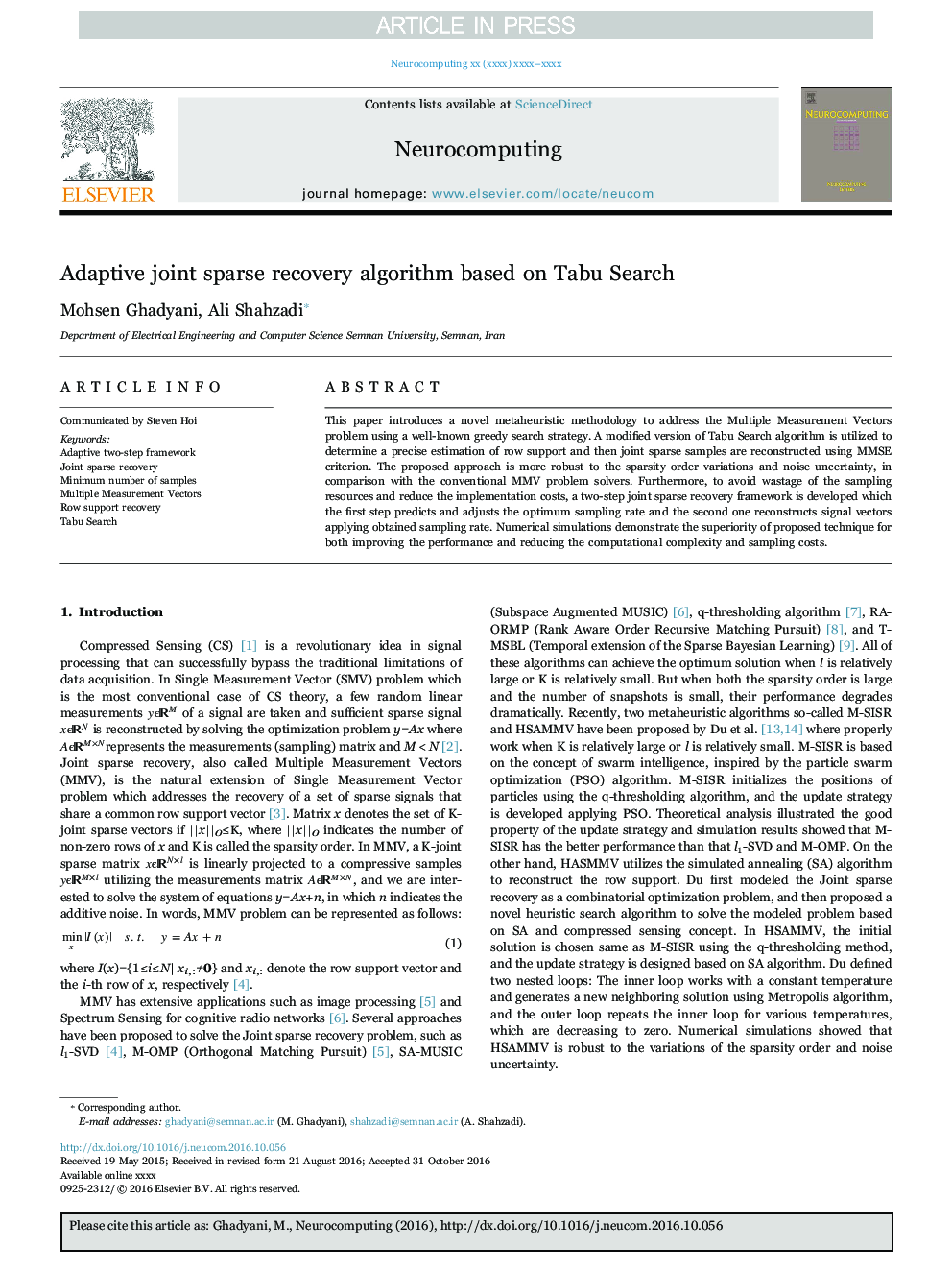 Adaptive joint sparse recovery algorithm based on Tabu Search