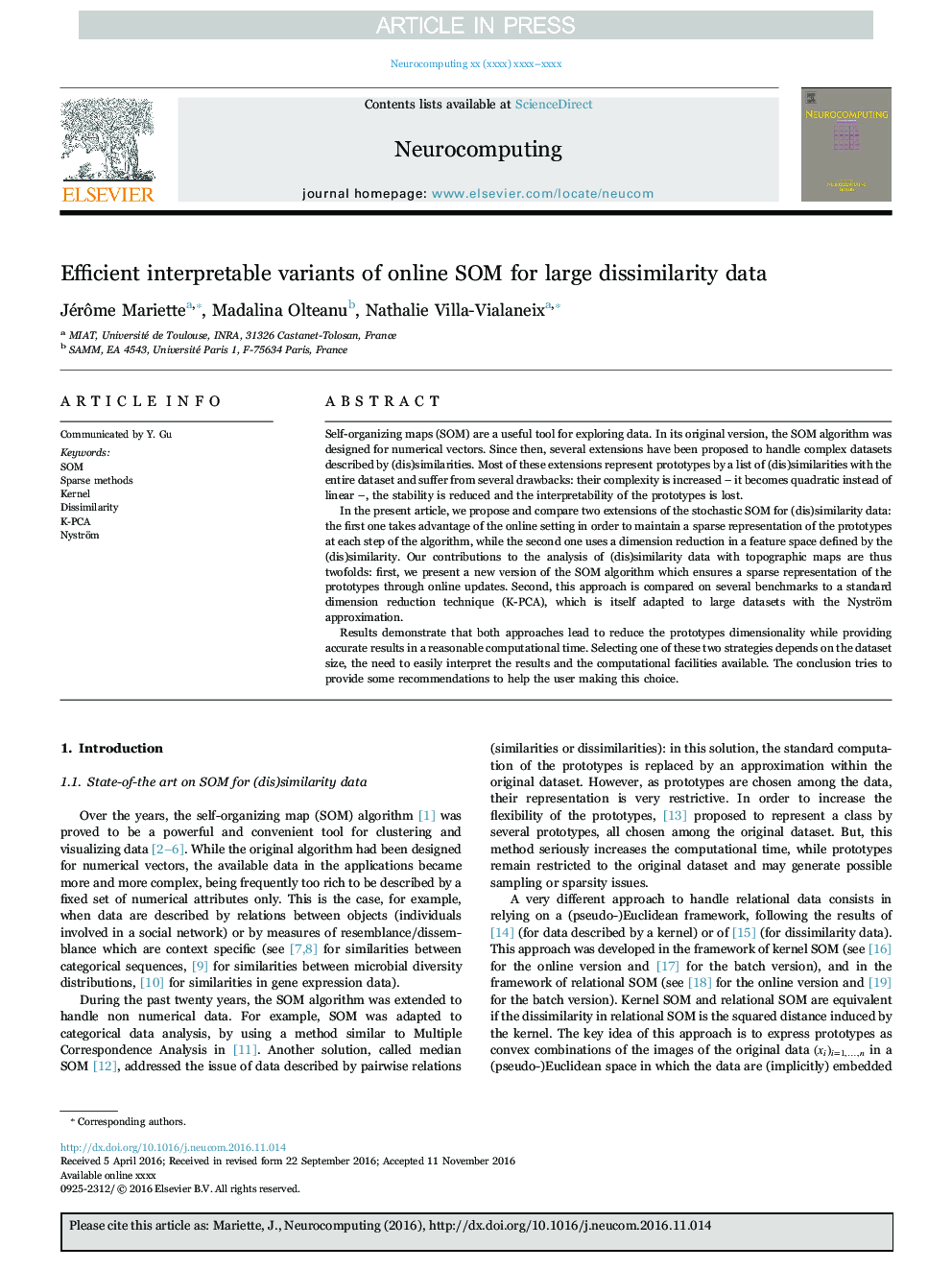 عکس صفحه اول مقاله: Efficient interpretable variants of online SOM for large dissimilarity data Efficient interpretable variants of online SOM for large dissimilarity data