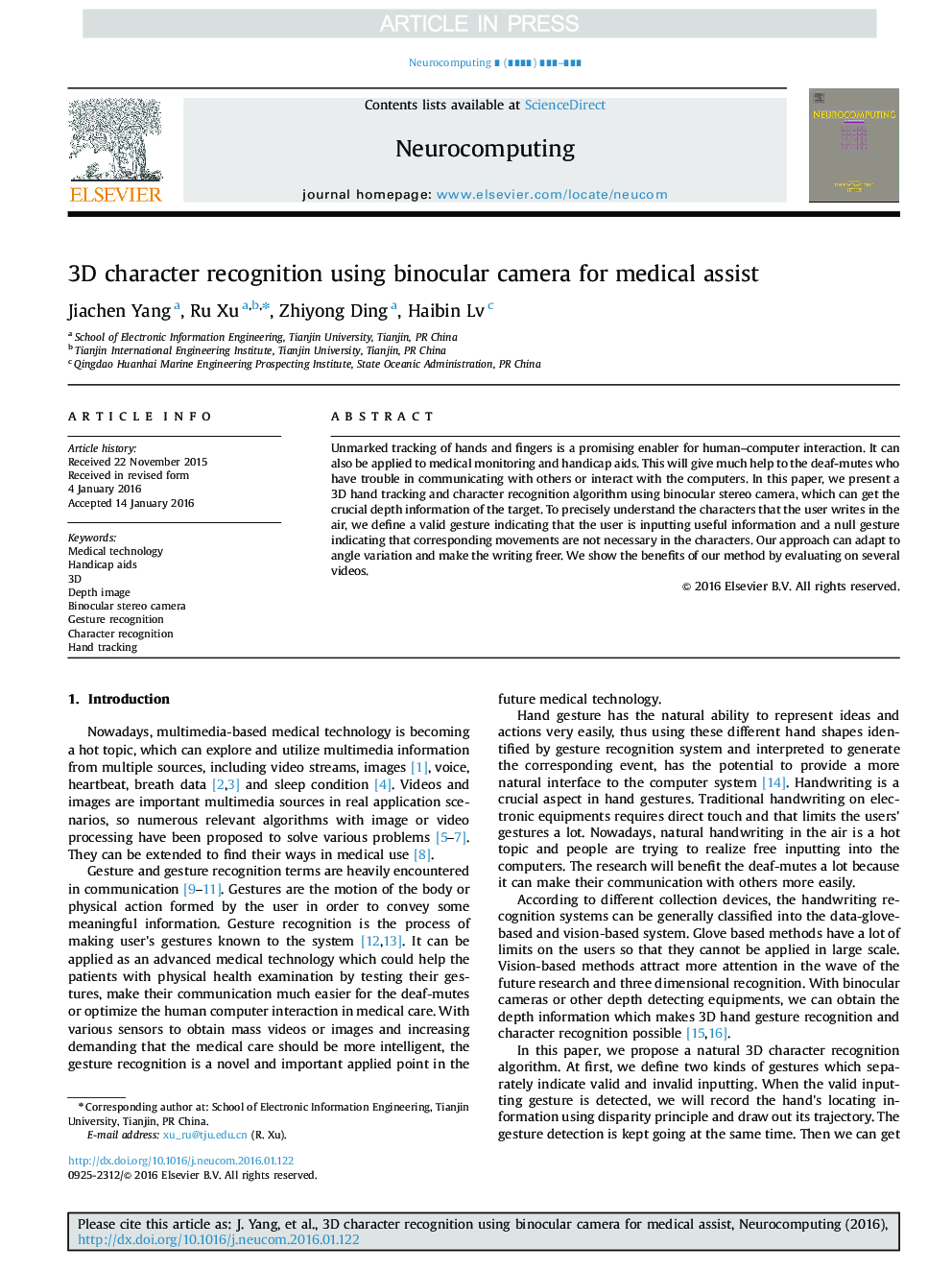 3D character recognition using binocular camera for medical assist