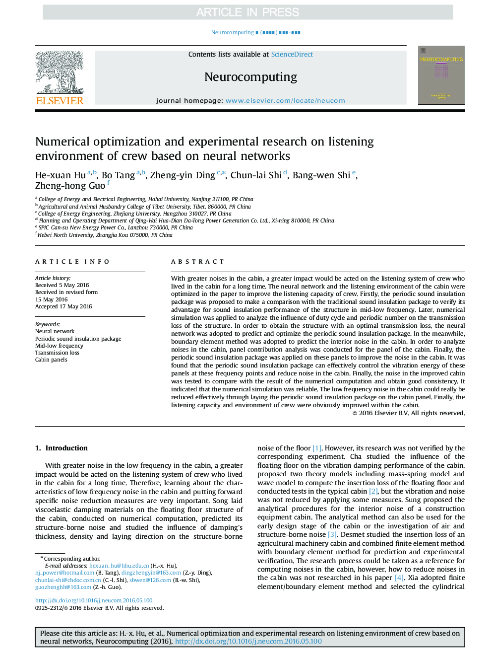 Numerical optimization and experimental research on listening environment of crew based on neural networks