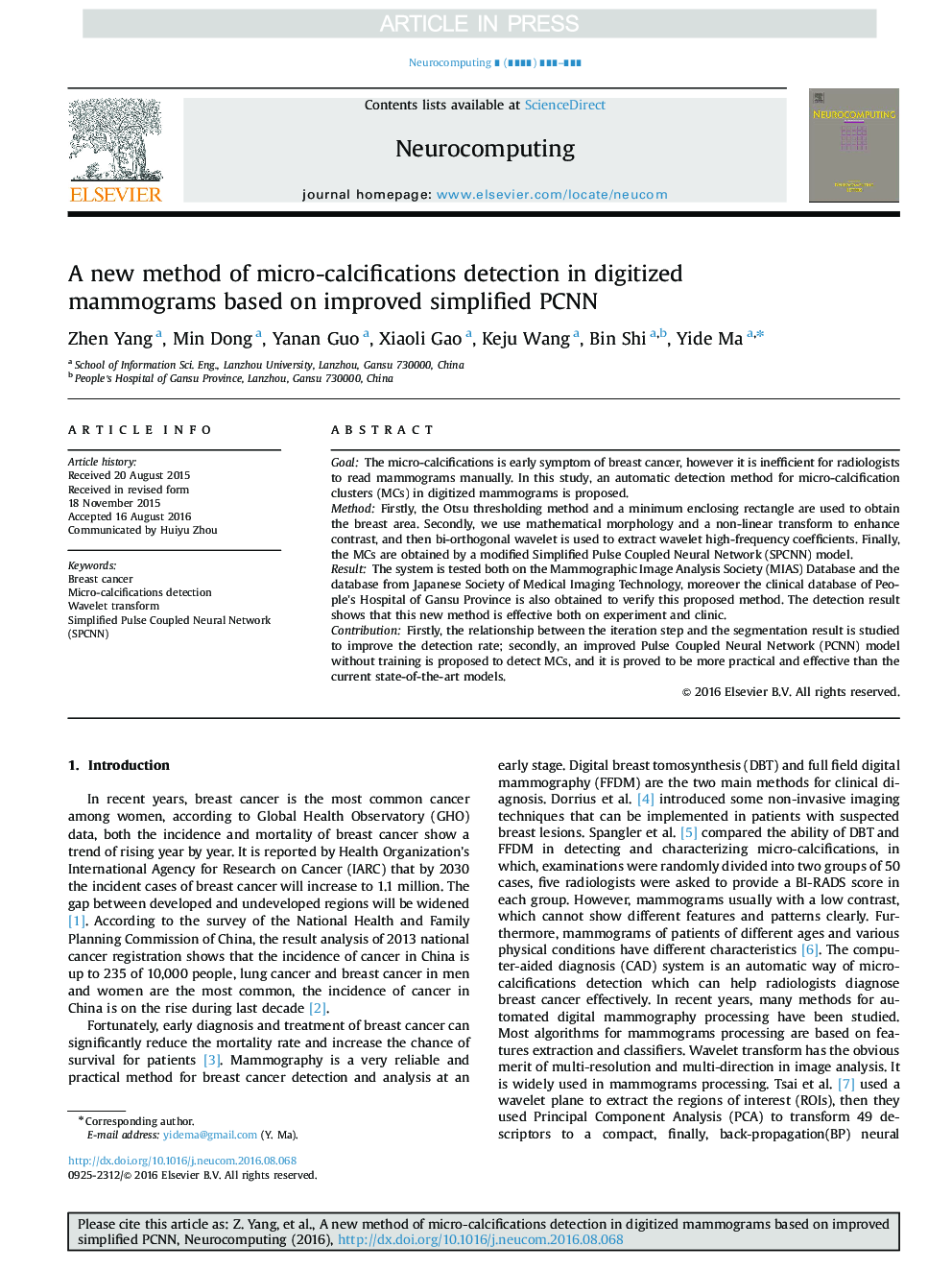 عکس صفحه اول مقاله: A new method of micro-calcifications detection in digitized mammograms based on improved simplified PCNN A new method of micro-calcifications detection in digitized mammograms based on improved simplified PCNN