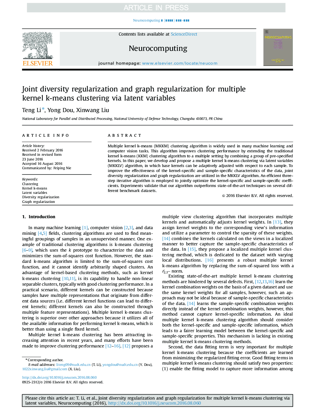 Joint diversity regularization and graph regularization for multiple kernel k-means clustering via latent variables