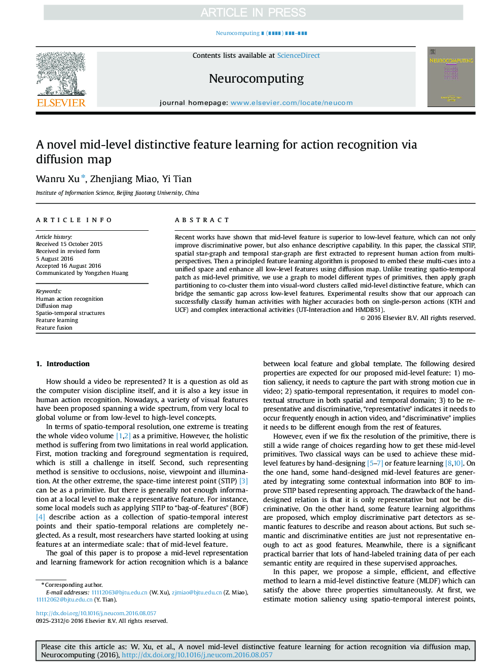 A novel mid-level distinctive feature learning for action recognition via diffusion map