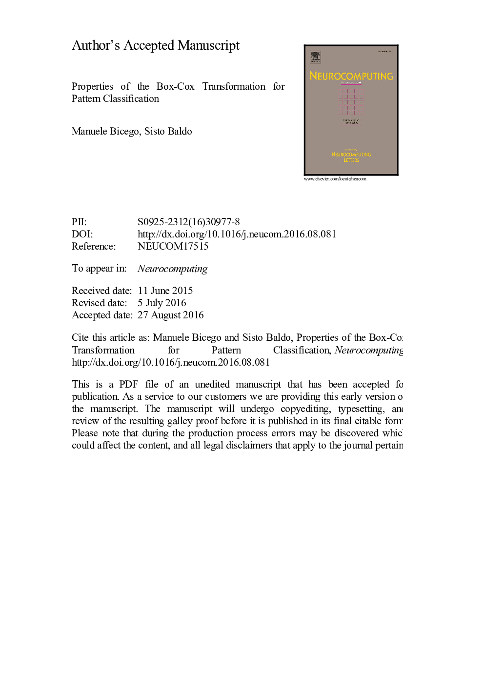 Properties of the Box-Cox transformation for pattern classification