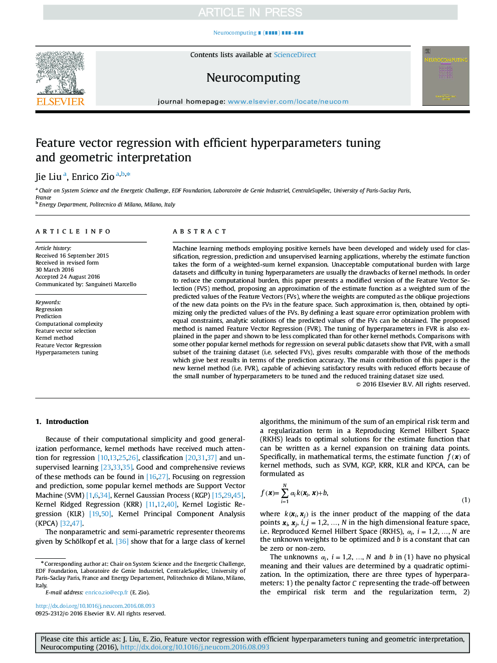 Feature vector regression with efficient hyperparameters tuning and geometric interpretation