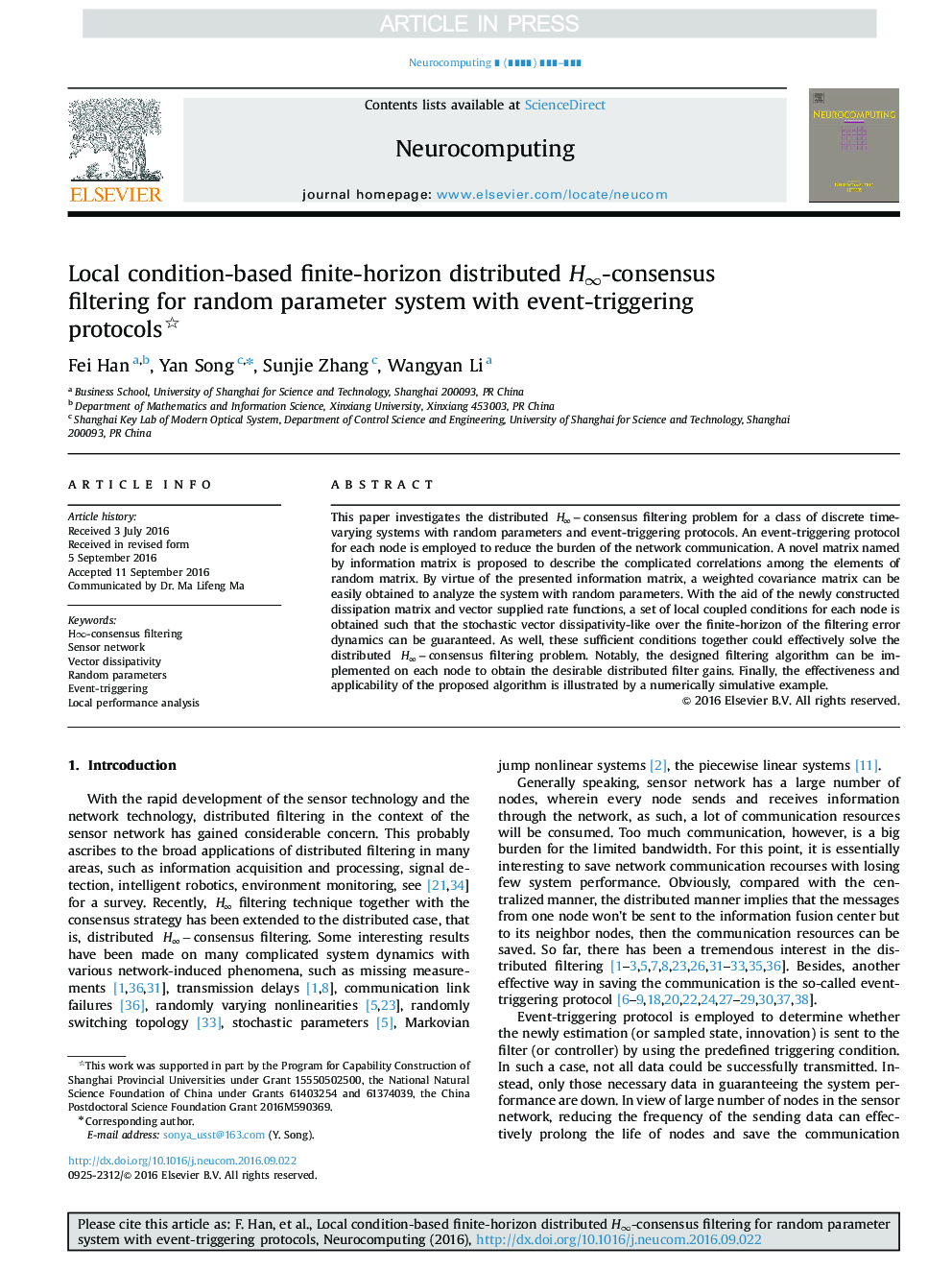 Local condition-based finite-horizon distributed Hâ-consensus filtering for random parameter system with event-triggering protocols