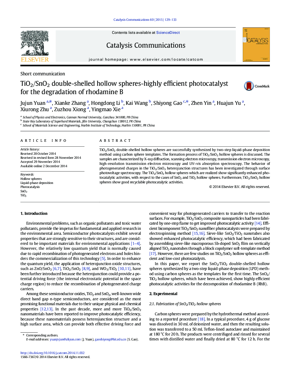 TiO2/SnO2 double-shelled hollow spheres-highly efficient photocatalyst for the degradation of rhodamine B