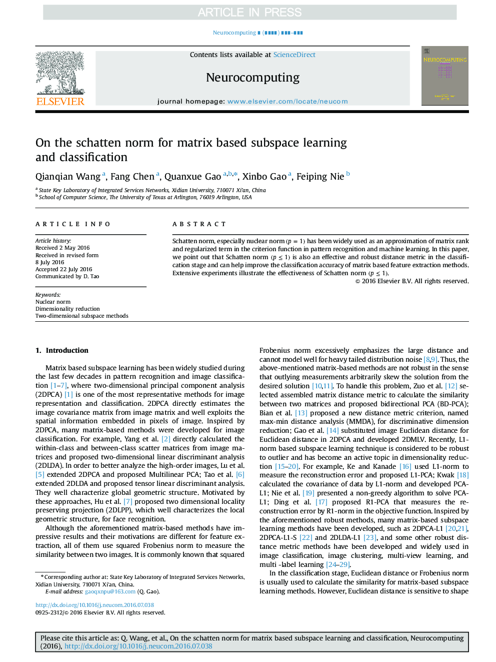 On the schatten norm for matrix based subspace learning and classification