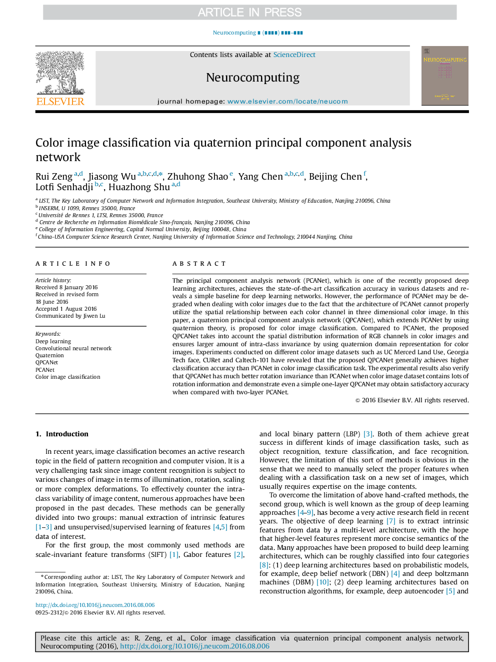 Color image classification via quaternion principal component analysis network