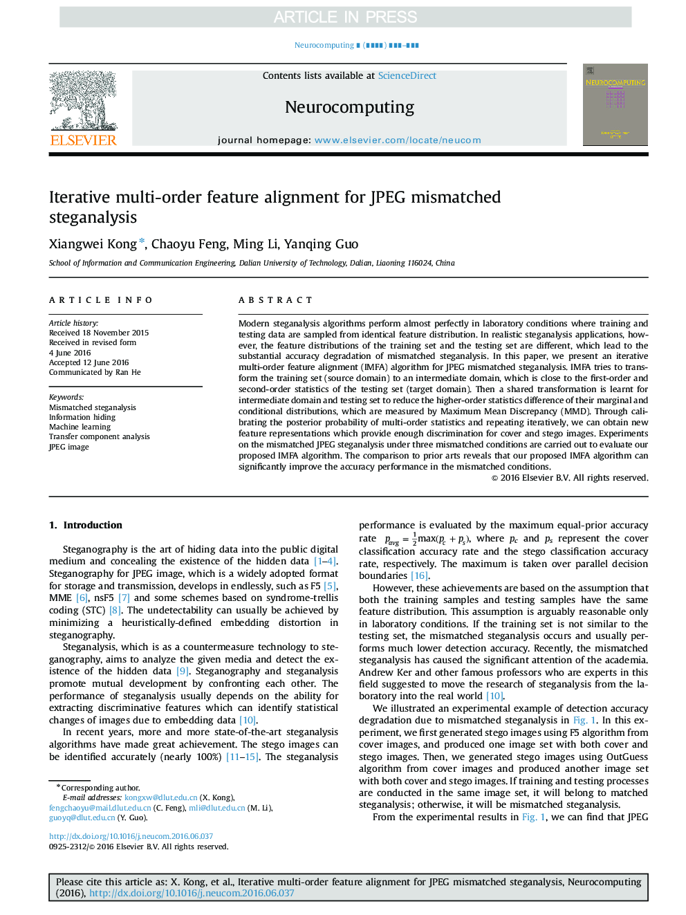 Iterative multi-order feature alignment for JPEG mismatched steganalysis