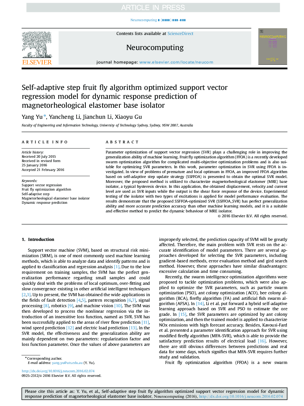 Self-adaptive step fruit fly algorithm optimized support vector regression model for dynamic response prediction of magnetorheological elastomer base isolator