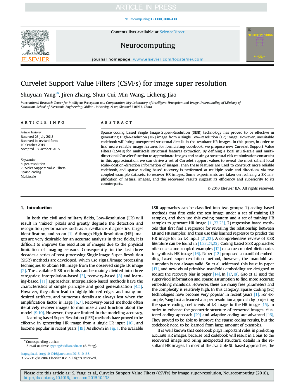 Curvelet Support Value Filters (CSVFs) for image super-resolution