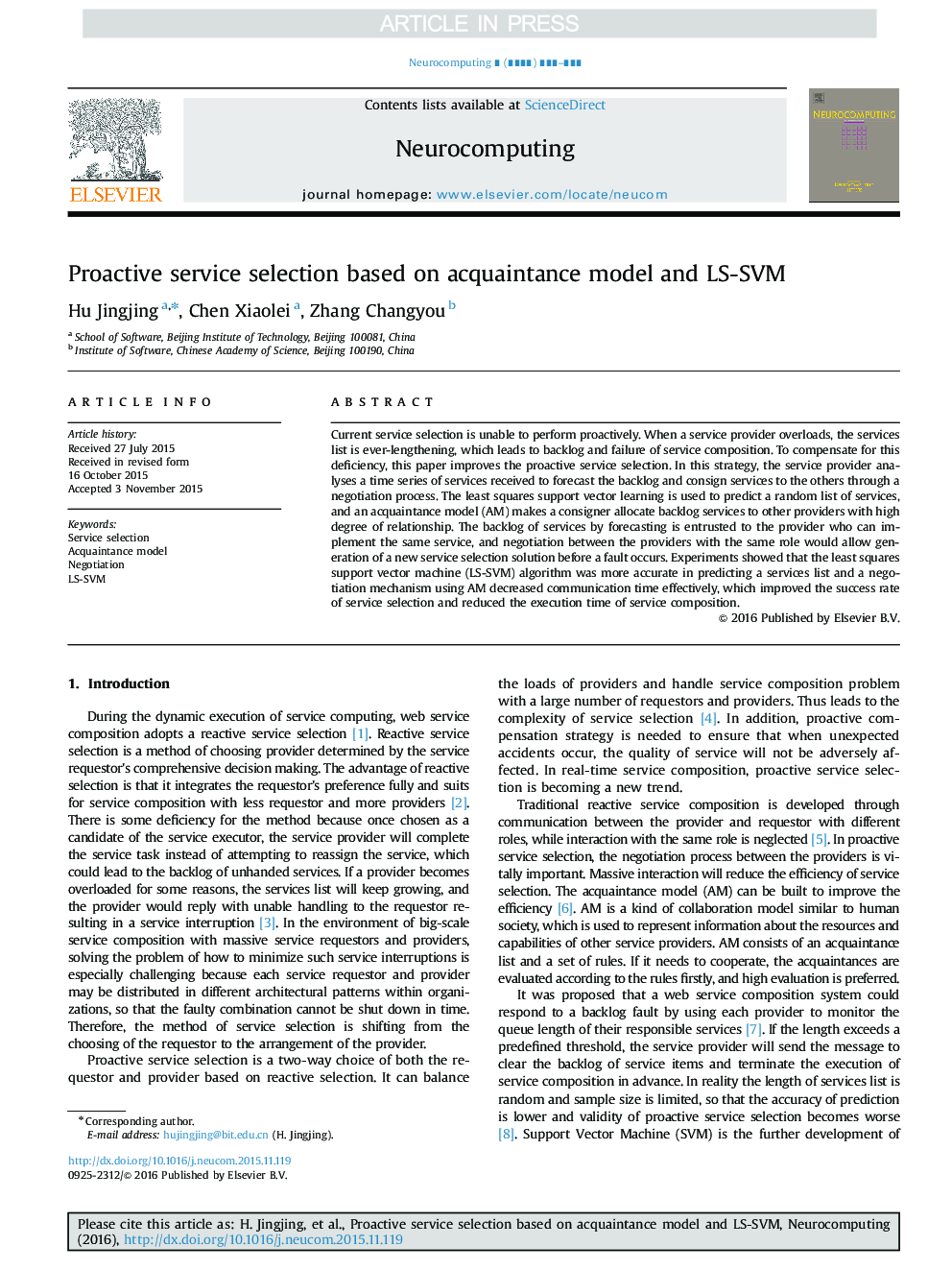 Proactive service selection based on acquaintance model and LS-SVM