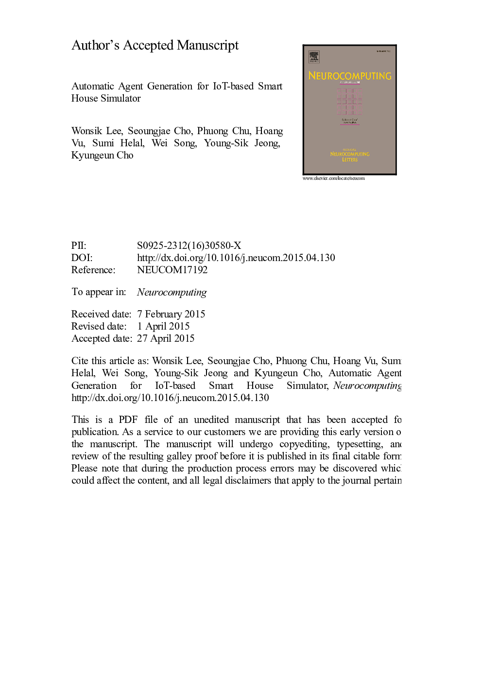 عکس صفحه اول مقاله: Automatic agent generation for IoT-based smart house simulator Automatic agent generation for IoT-based smart house simulator