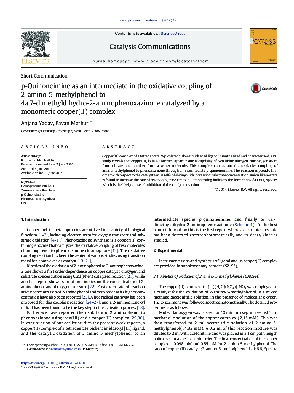 p-Quinoneimine as an intermediate in the oxidative coupling of 2-amino-5-methylphenol to 4a,7-dimethyldihydro-2-aminophenoxazinone catalyzed by a monomeric copper(II) complex