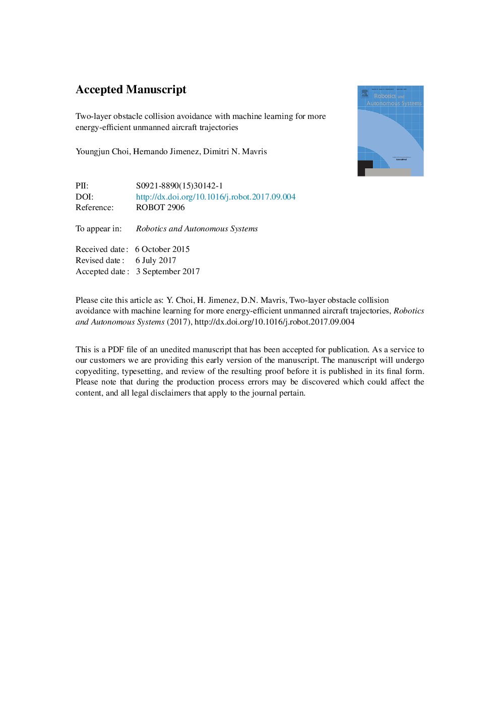 Two-layer obstacle collision avoidance with machine learning for more energy-efficient unmanned aircraft trajectories