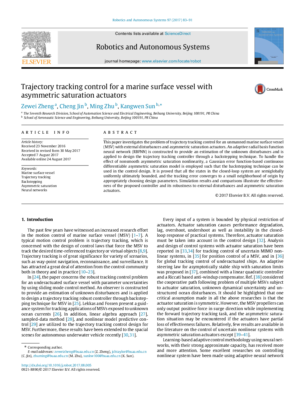 Trajectory tracking control for a marine surface vessel with asymmetric saturation actuators