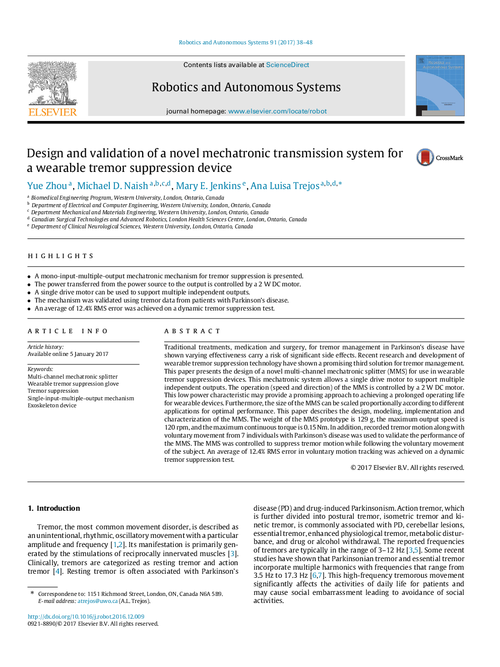 Design and validation of a novel mechatronic transmission system for a wearable tremor suppression device