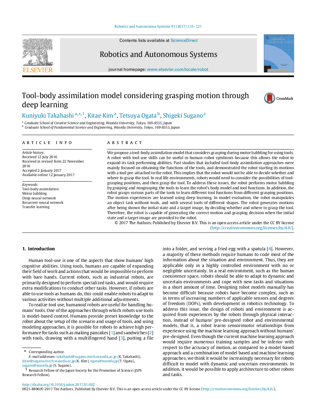 Tool-body assimilation model considering grasping motion through deep learning