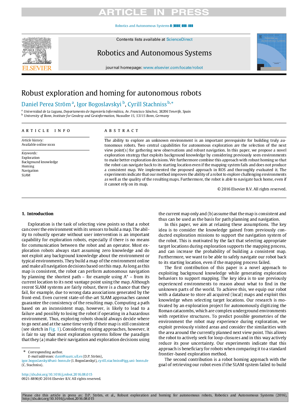 Robust exploration and homing for autonomous robots