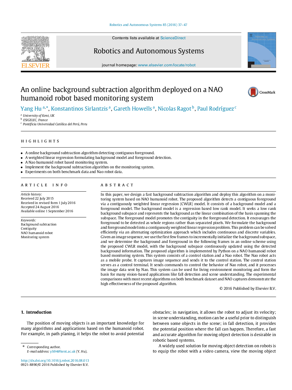 An online background subtraction algorithm deployed on a NAO humanoid robot based monitoring system