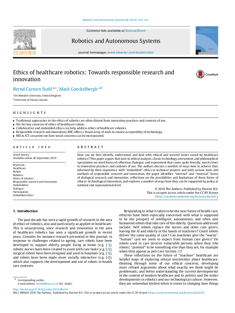 Ethics of healthcare robotics: Towards responsible research and innovation