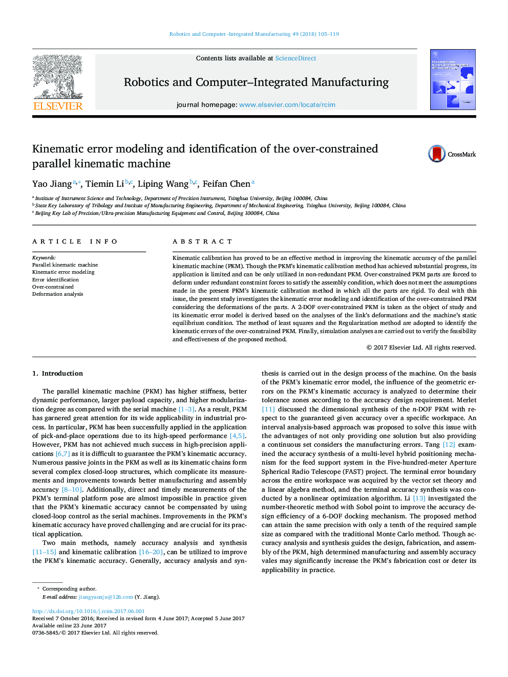 Kinematic error modeling and identification of the over-constrained parallel kinematic machine