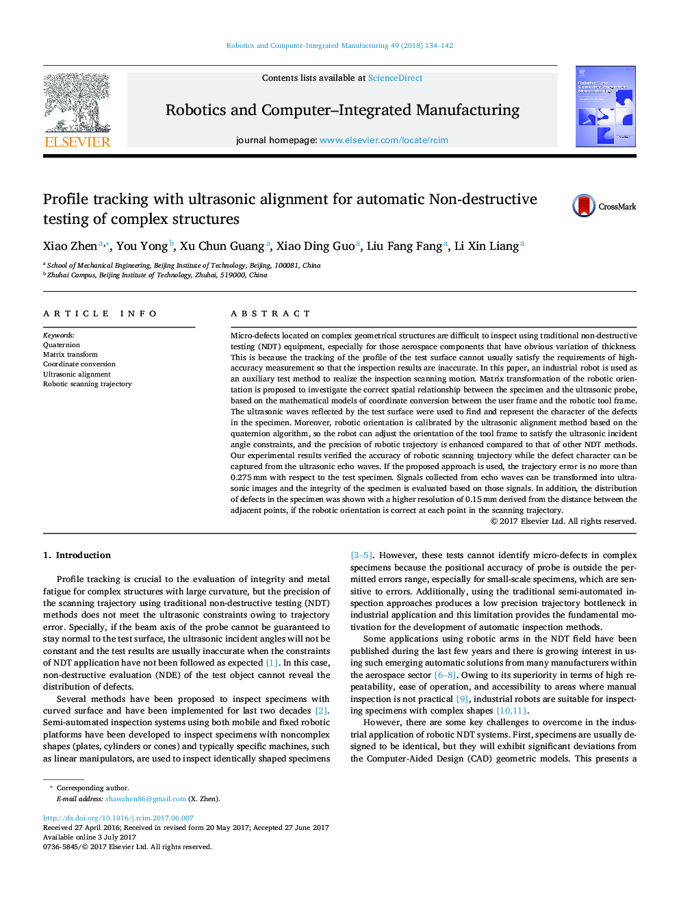 Profile tracking with ultrasonic alignment for automatic Non-destructive testing of complex structures