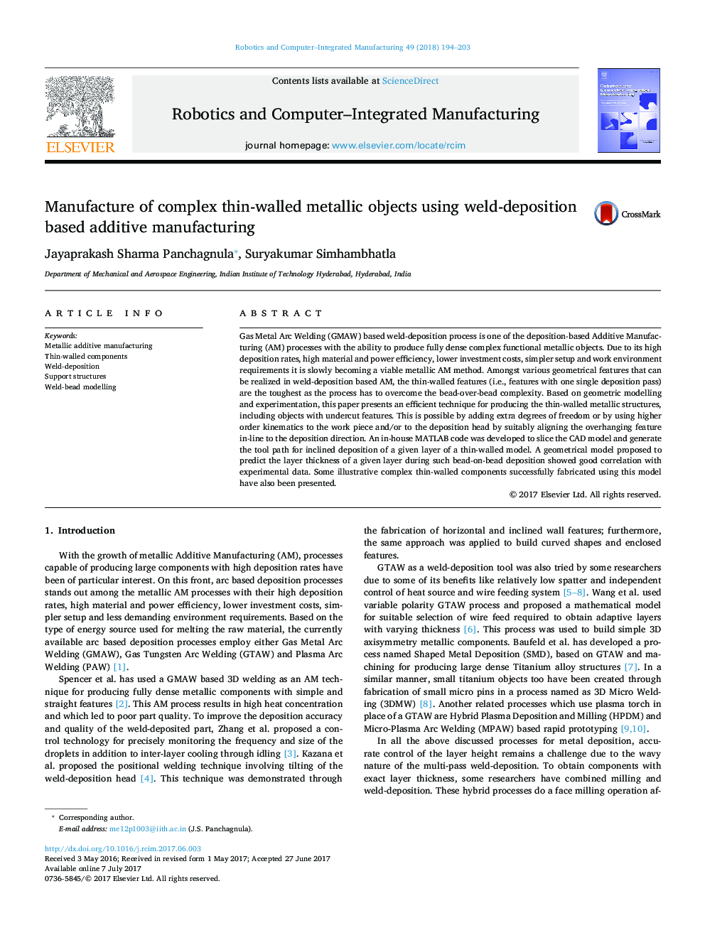 Manufacture of complex thin-walled metallic objects using weld-deposition based additive manufacturing