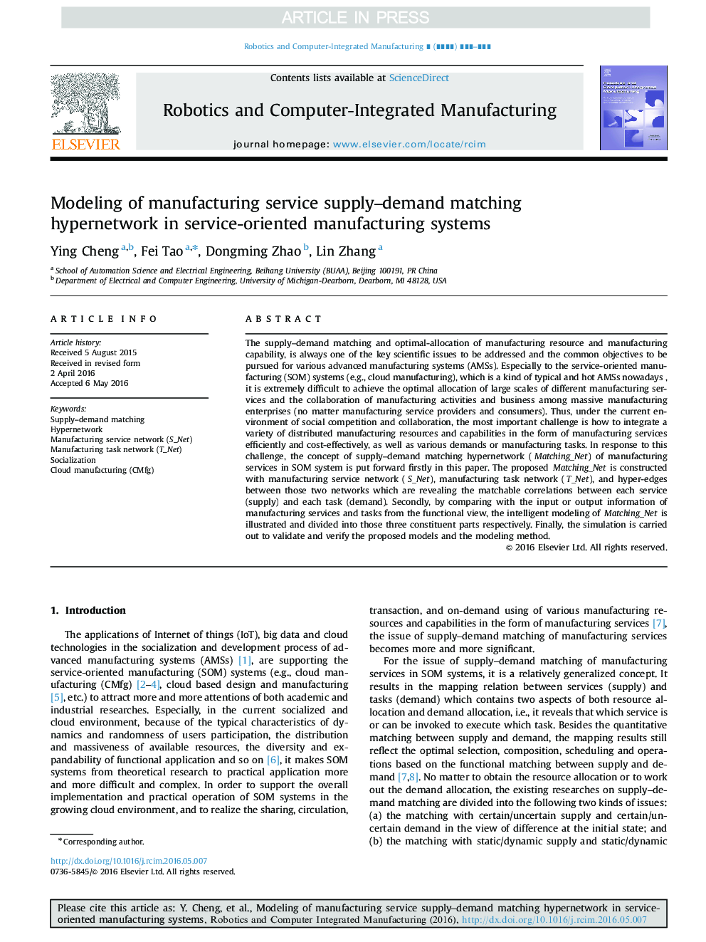 Modeling of manufacturing service supply-demand matching hypernetwork in service-oriented manufacturing systems