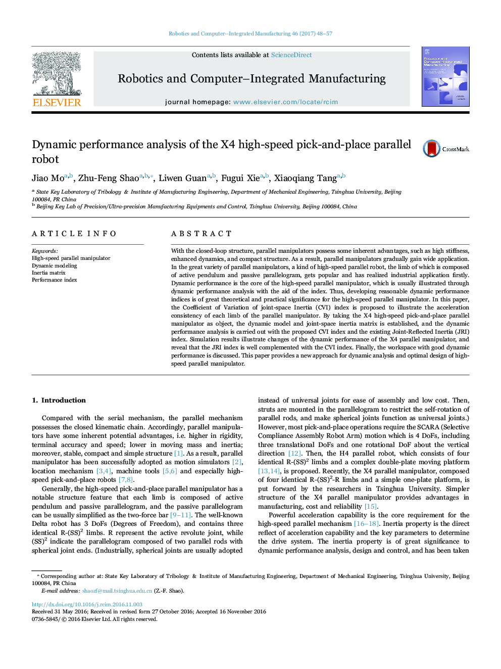 عکس صفحه اول مقاله: Dynamic performance analysis of the X4 high-speed pick-and-place parallel robot Dynamic performance analysis of the X4 high-speed pick-and-place parallel robot