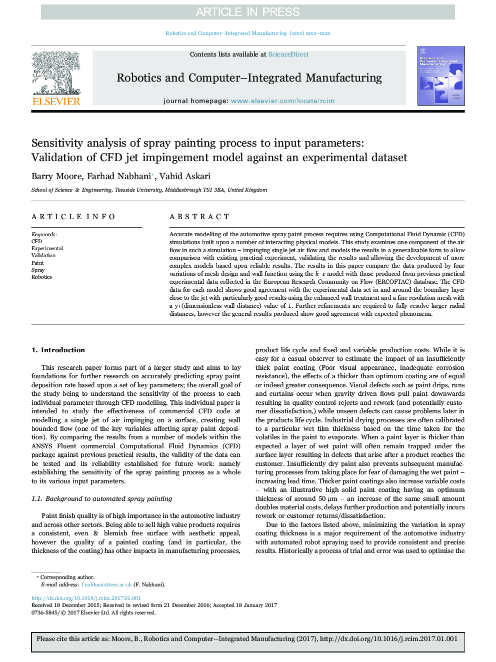 Sensitivity analysis of spray painting process to input parameters: Validation of CFD jet impingement model against an experimental dataset