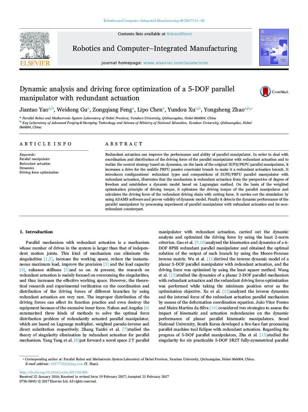 Dynamic analysis and driving force optimization of a 5-DOF parallel manipulator with redundant actuation