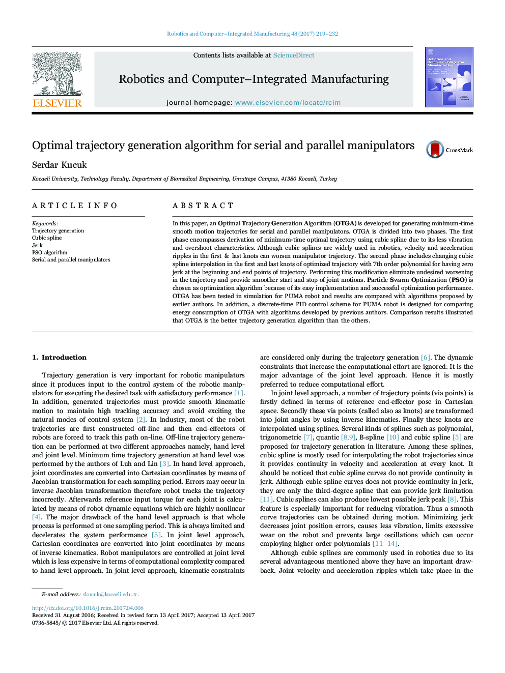 Optimal trajectory generation algorithm for serial and parallel manipulators