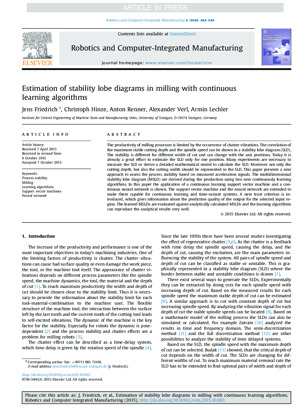 Estimation of stability lobe diagrams in milling with continuous learning algorithms