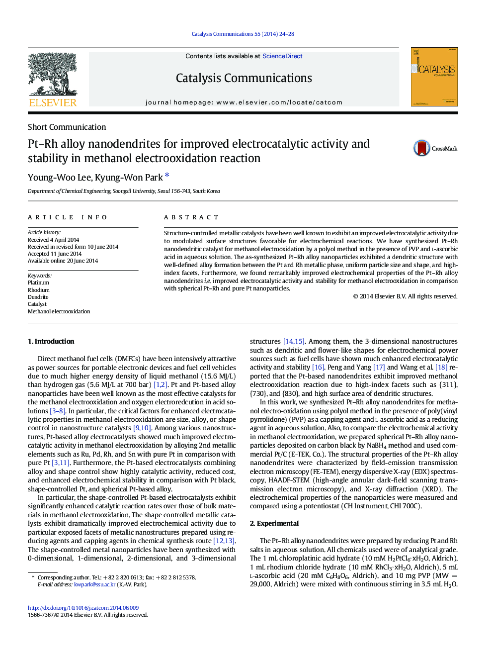 Pt–Rh alloy nanodendrites for improved electrocatalytic activity and stability in methanol electrooxidation reaction