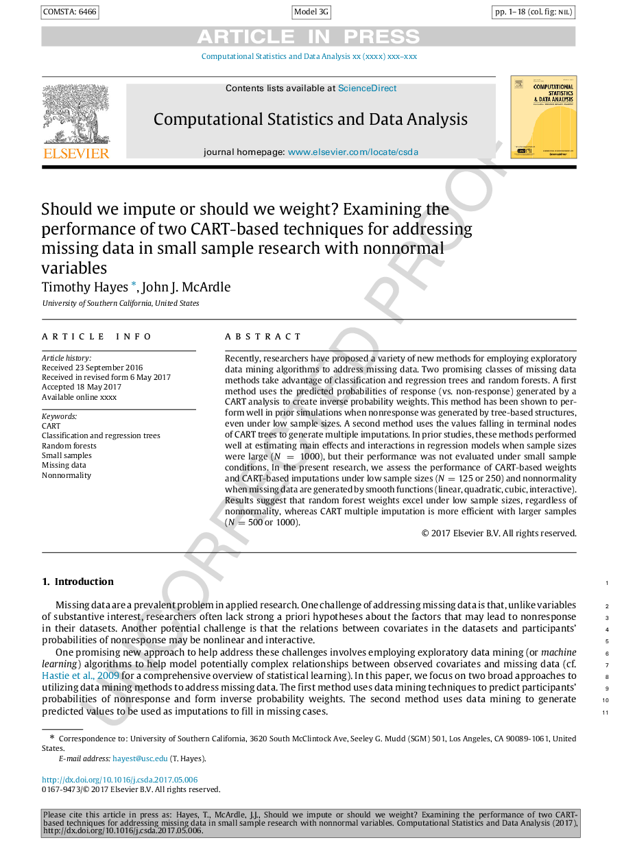 Should we impute or should we weight? Examining the performance of two CART-based techniques for addressing missing data in small sample research with nonnormal variables