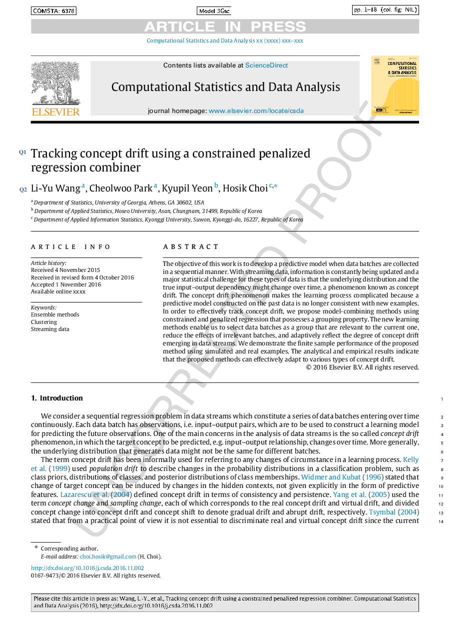 Tracking concept drift using a constrained penalized regression combiner